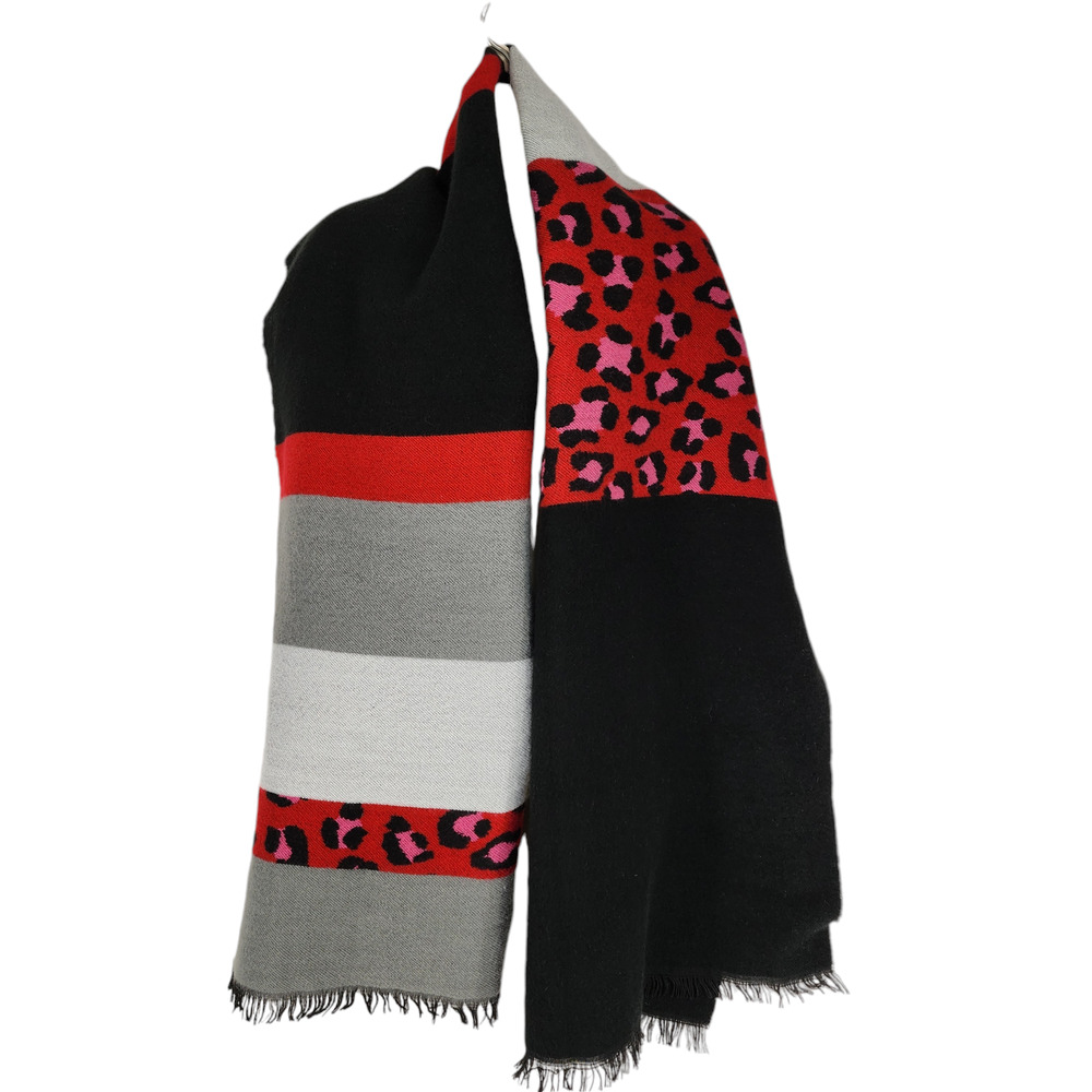 Juicy Couture Leopard Print Scarf 76x27 Cherry Red Black Gray Striped Fringe y2K